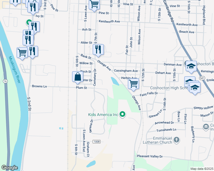map of restaurants, bars, coffee shops, grocery stores, and more near 27 Plum Street in Coshocton