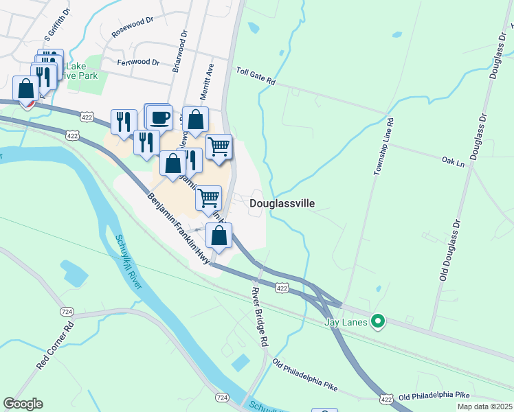 map of restaurants, bars, coffee shops, grocery stores, and more near 139 Old Swede Road in Douglassville