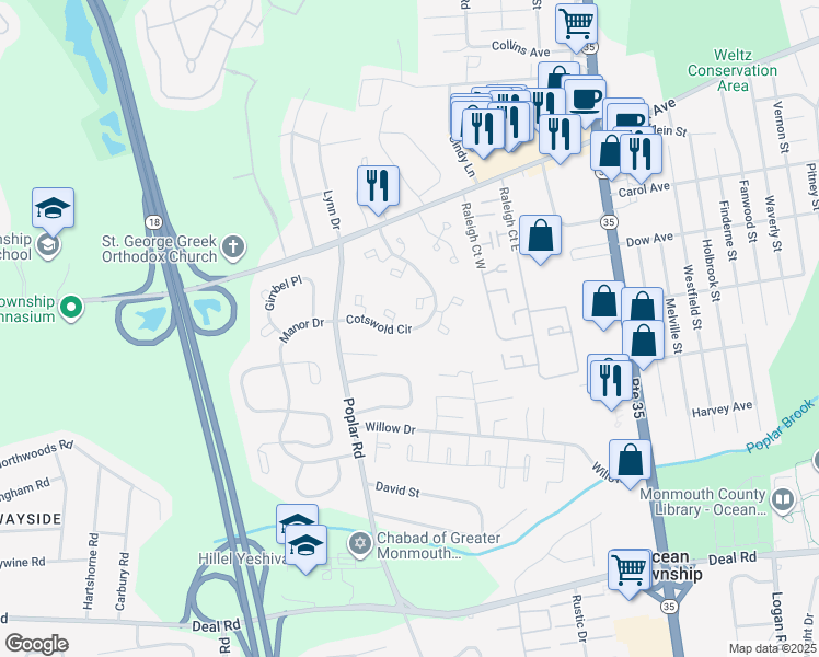 map of restaurants, bars, coffee shops, grocery stores, and more near 69 Cotswold Circle in Monmouth County