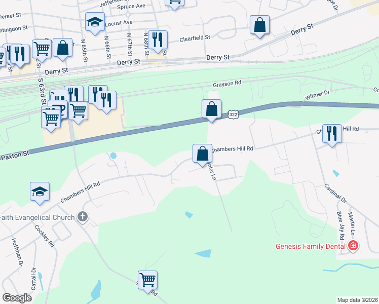 map of restaurants, bars, coffee shops, grocery stores, and more near 7210 Chambers Hill Rd in Harrisburg
