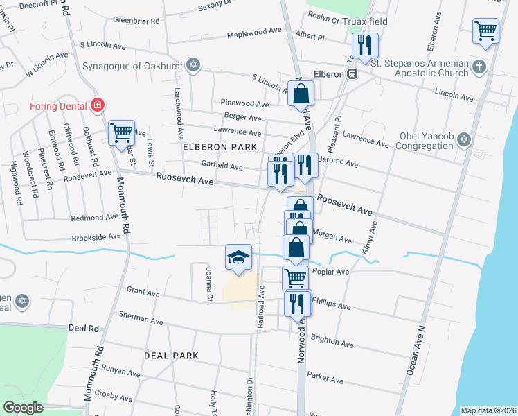 map of restaurants, bars, coffee shops, grocery stores, and more near 224 Roosevelt Avenue in Ocean Township