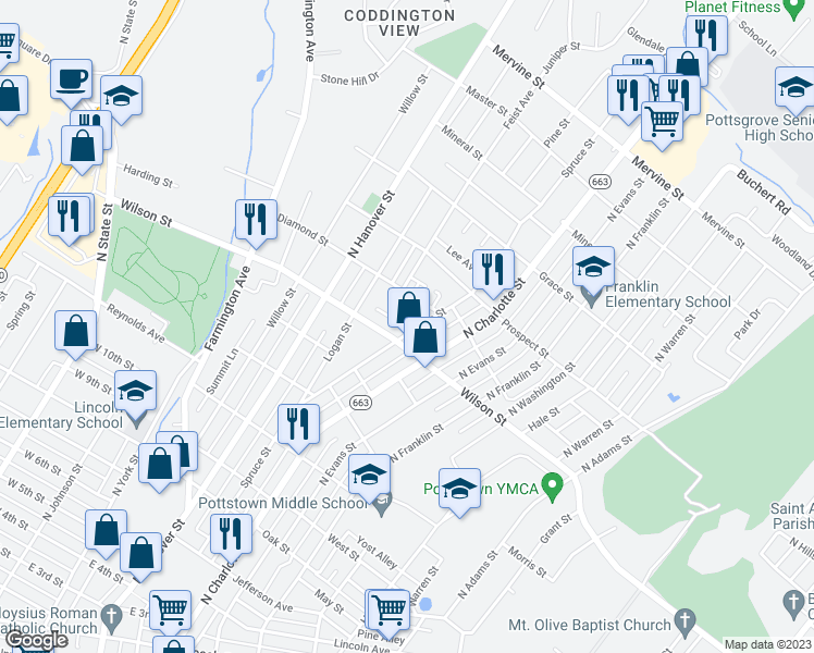 map of restaurants, bars, coffee shops, grocery stores, and more near 803 Spruce Street in Pottstown