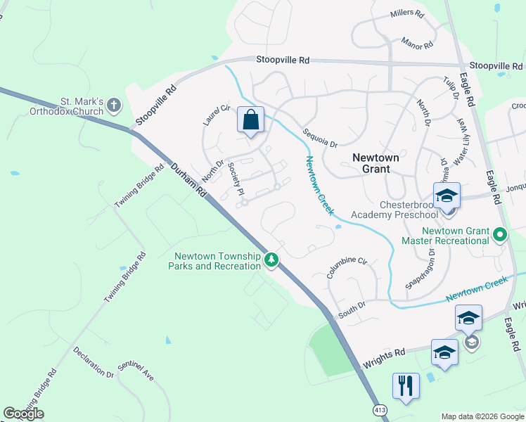 map of restaurants, bars, coffee shops, grocery stores, and more near 112 Rittenhouse Circle in Newtown
