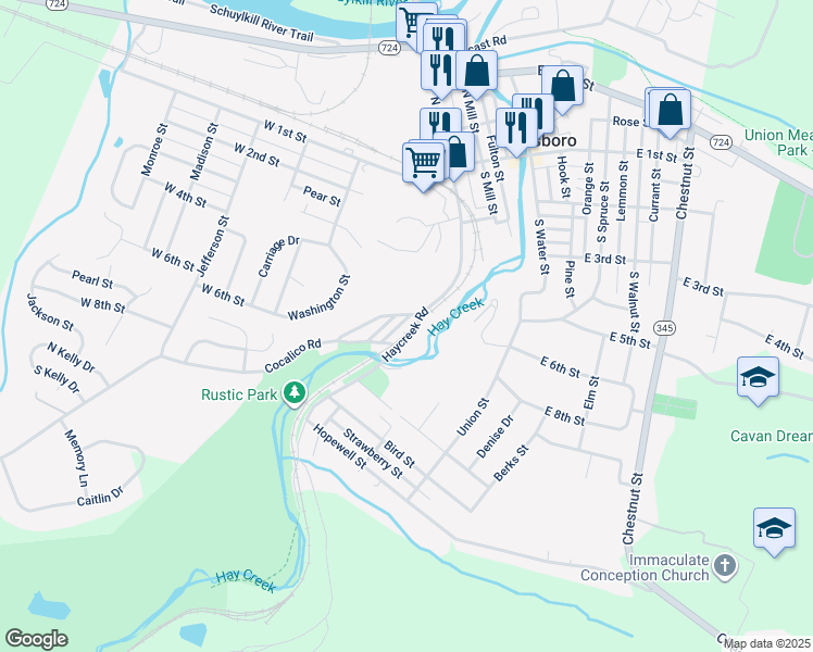 map of restaurants, bars, coffee shops, grocery stores, and more near 738 Douglas Street in Birdsboro