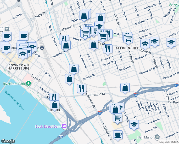 map of restaurants, bars, coffee shops, grocery stores, and more near 441 Crescent Street in Harrisburg