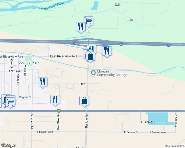 map of restaurants, bars, coffee shops, grocery stores, and more near 920 Barlow Road in Fort Morgan