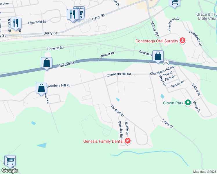 map of restaurants, bars, coffee shops, grocery stores, and more near 540 Cardinal Drive in Harrisburg