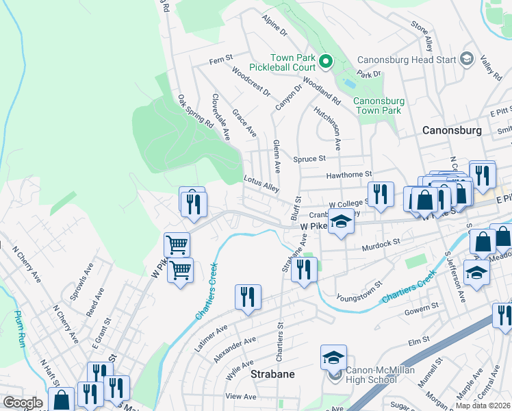 map of restaurants, bars, coffee shops, grocery stores, and more near 125 Oak Spring Road in Canonsburg
