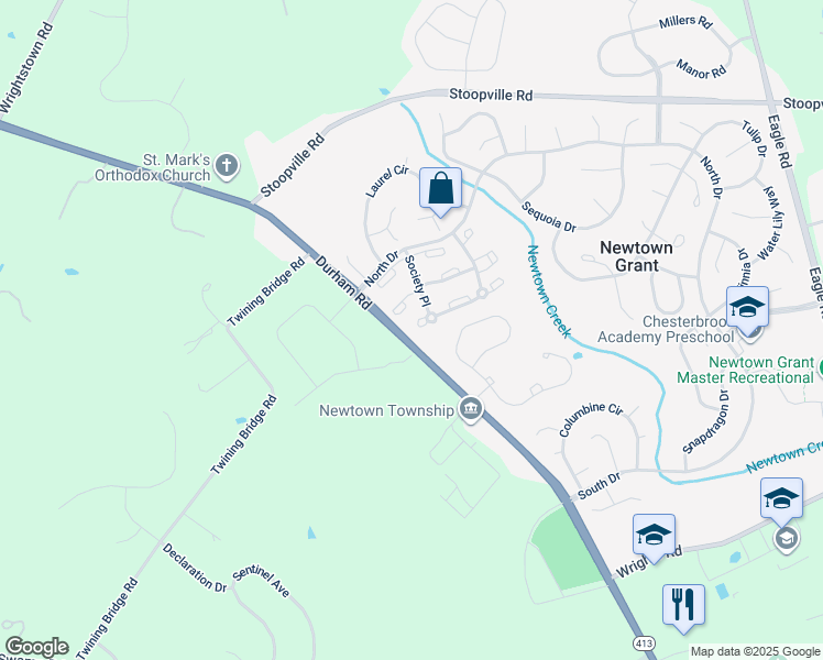 map of restaurants, bars, coffee shops, grocery stores, and more near 1104 Society Place in Newtown