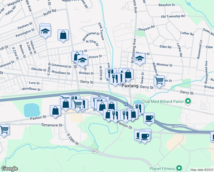 map of restaurants, bars, coffee shops, grocery stores, and more near 3223 Derry Street in Harrisburg
