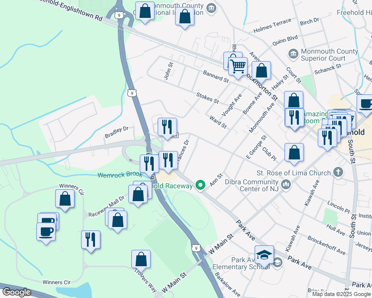 map of restaurants, bars, coffee shops, grocery stores, and more near 9 Frances Drive in Freehold