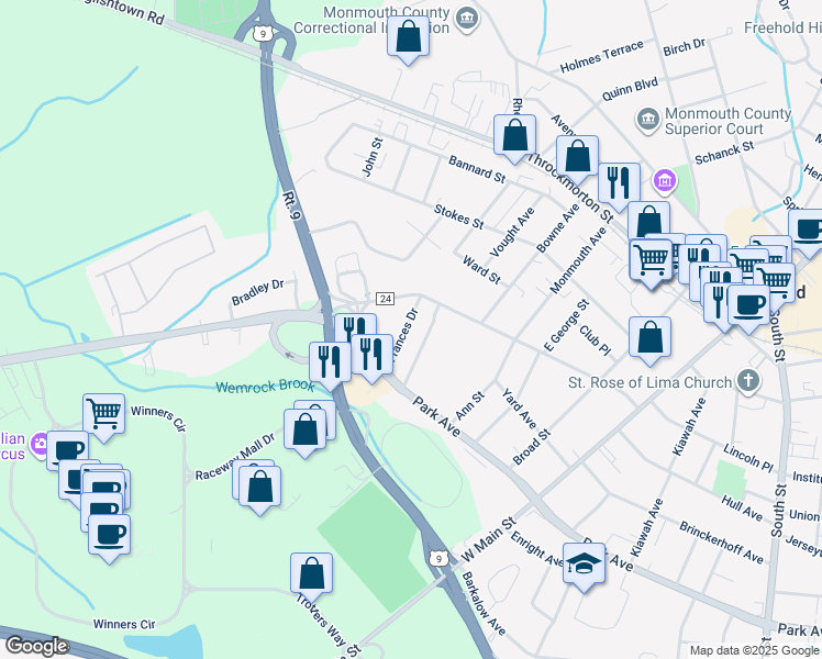 map of restaurants, bars, coffee shops, grocery stores, and more near 9 Frances Drive in Freehold