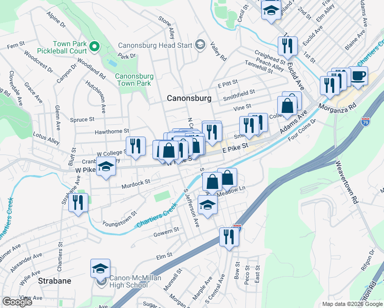 map of restaurants, bars, coffee shops, grocery stores, and more near 17 West Pike Street in Canonsburg