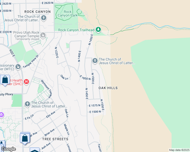 map of restaurants, bars, coffee shops, grocery stores, and more near 1882 North 1500 East in Provo