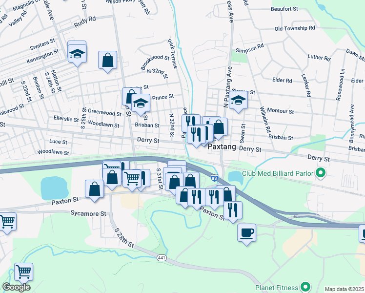 map of restaurants, bars, coffee shops, grocery stores, and more near 3223 Derry Street in Harrisburg