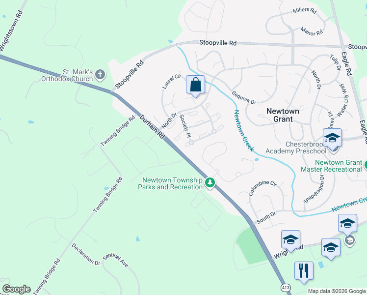 map of restaurants, bars, coffee shops, grocery stores, and more near 1104 Society Place in Newtown