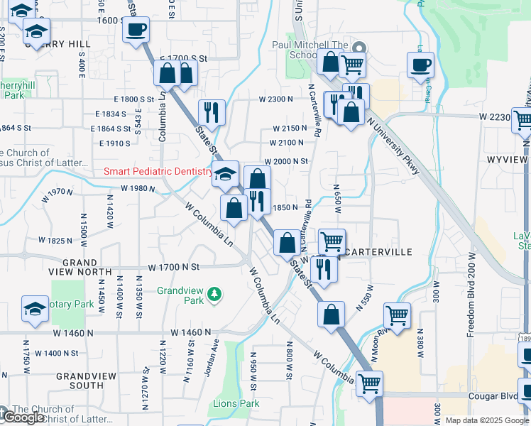 map of restaurants, bars, coffee shops, grocery stores, and more near 1841 North State Street in Provo