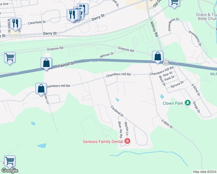 map of restaurants, bars, coffee shops, grocery stores, and more near 540 Cardinal Drive in Harrisburg