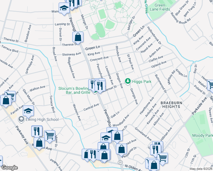 map of restaurants, bars, coffee shops, grocery stores, and more near 91 Pennsylvania Avenue in Ewing Township