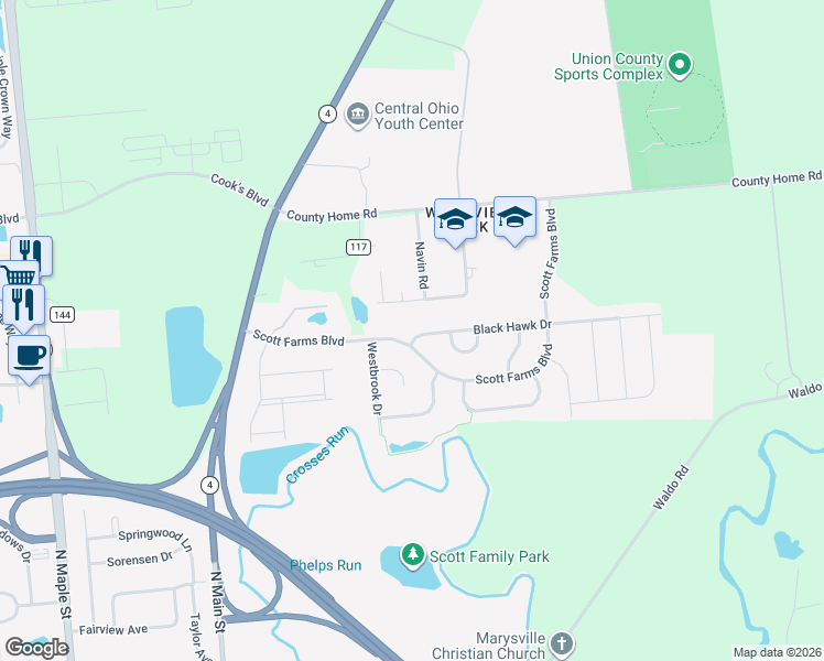 map of restaurants, bars, coffee shops, grocery stores, and more near 414 Black Hawk Drive in Marysville