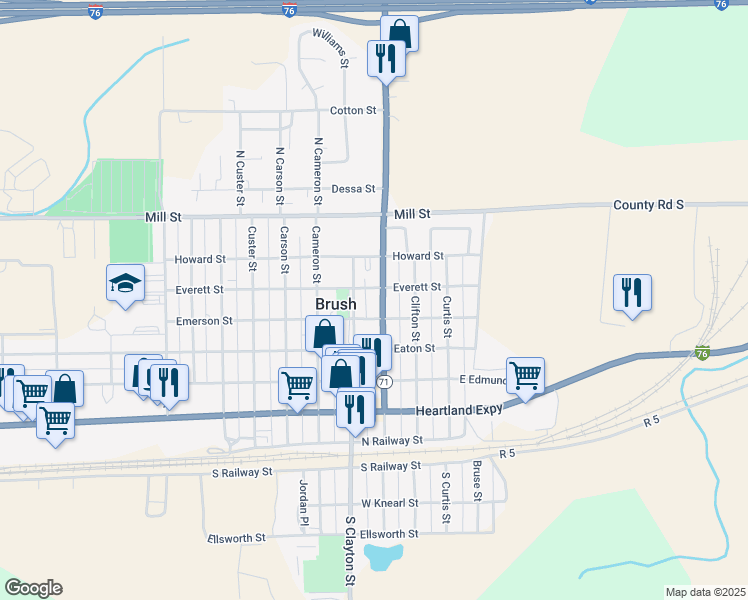 map of restaurants, bars, coffee shops, grocery stores, and more near 501 Colorado Avenue in Brush
