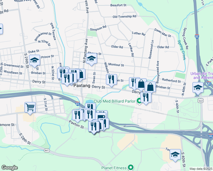 map of restaurants, bars, coffee shops, grocery stores, and more near 3647 Derry Street in Harrisburg