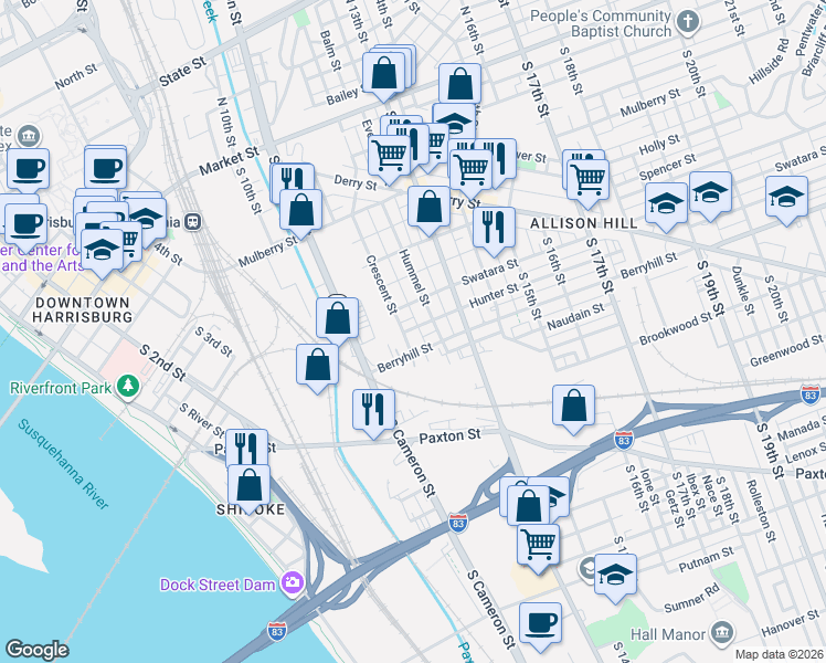 map of restaurants, bars, coffee shops, grocery stores, and more near 465 Crescent Street in Harrisburg