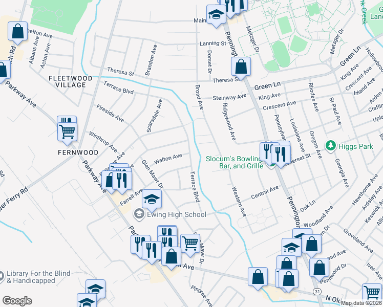 map of restaurants, bars, coffee shops, grocery stores, and more near 973 Terrace Boulevard in Ewing Township