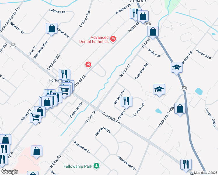 map of restaurants, bars, coffee shops, grocery stores, and more near 2104 North Line Street in Lansdale