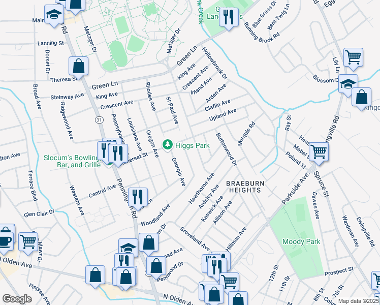 map of restaurants, bars, coffee shops, grocery stores, and more near 180 Woodland Avenue in Ewing Township