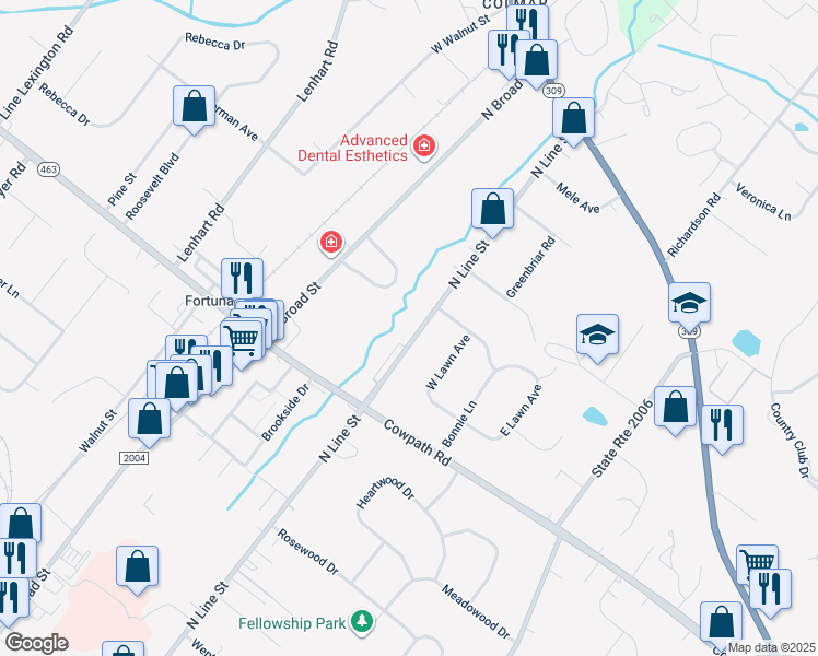 map of restaurants, bars, coffee shops, grocery stores, and more near 2104 North Line Street in Lansdale