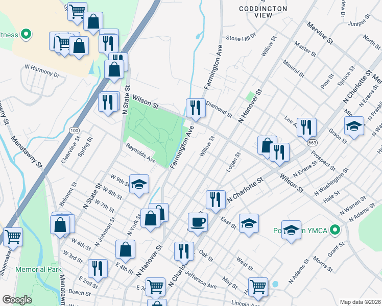 map of restaurants, bars, coffee shops, grocery stores, and more near 700 Farmington Avenue in Pottstown