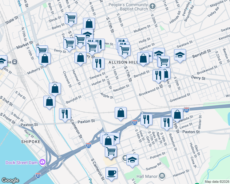 map of restaurants, bars, coffee shops, grocery stores, and more near 1519 Catherine Street in Harrisburg
