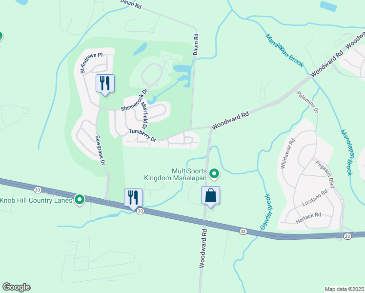 map of restaurants, bars, coffee shops, grocery stores, and more near 25 Sunningdale Circle in Manalapan Township