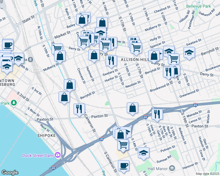 map of restaurants, bars, coffee shops, grocery stores, and more near 1319 Berryhill Street in Harrisburg