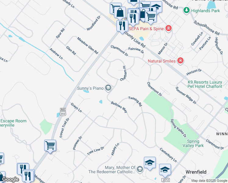 map of restaurants, bars, coffee shops, grocery stores, and more near 117 Bellows Way in Lansdale