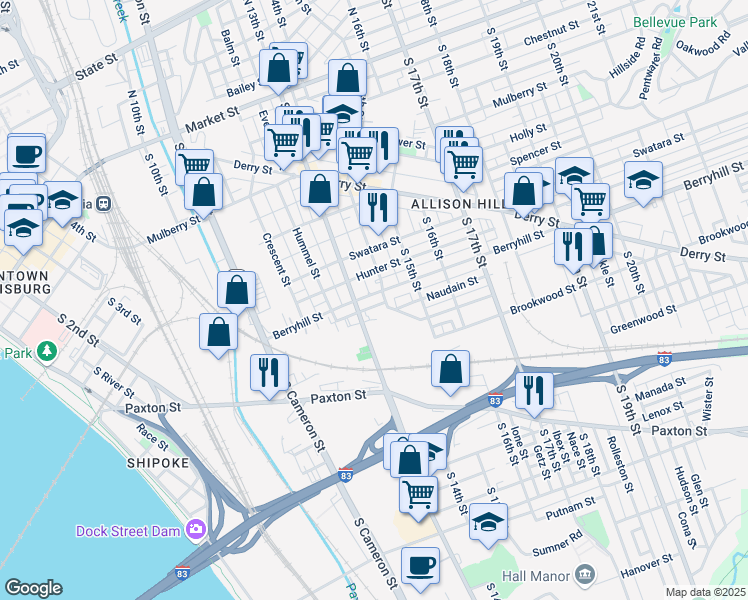 map of restaurants, bars, coffee shops, grocery stores, and more near 1319 Berryhill Street in Harrisburg
