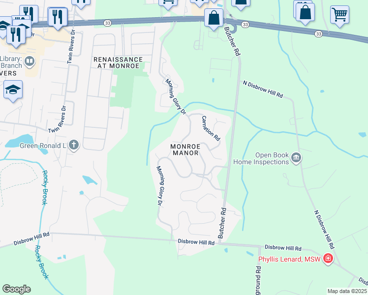 map of restaurants, bars, coffee shops, grocery stores, and more near 284 Morning Glory Drive in Monroe Township