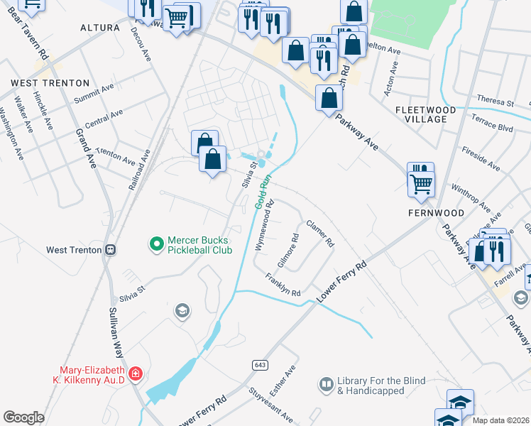 map of restaurants, bars, coffee shops, grocery stores, and more near 302 Wynnewood Road in Ewing Township