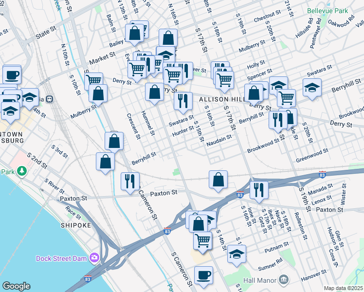 map of restaurants, bars, coffee shops, grocery stores, and more near 1323 Berryhill Street in Harrisburg