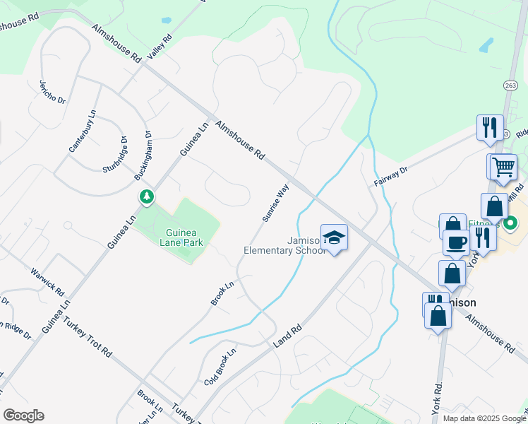 map of restaurants, bars, coffee shops, grocery stores, and more near 2150 Sunrise Way in Jamison