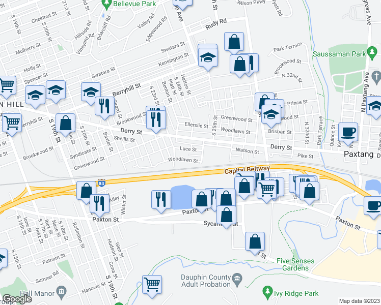 map of restaurants, bars, coffee shops, grocery stores, and more near 2351 Luce Street in Harrisburg