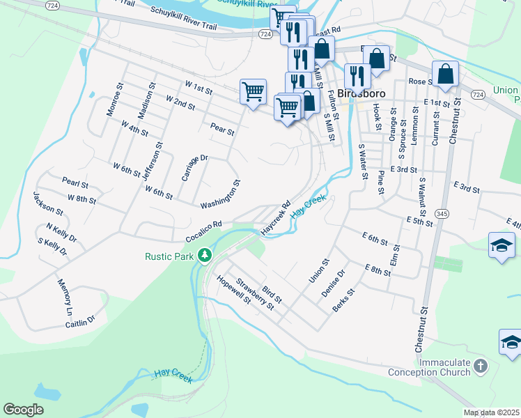 map of restaurants, bars, coffee shops, grocery stores, and more near 738 Douglas Street in Birdsboro