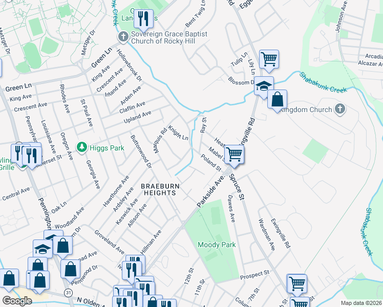 map of restaurants, bars, coffee shops, grocery stores, and more near 10 Bittersweet Road in Ewing Township