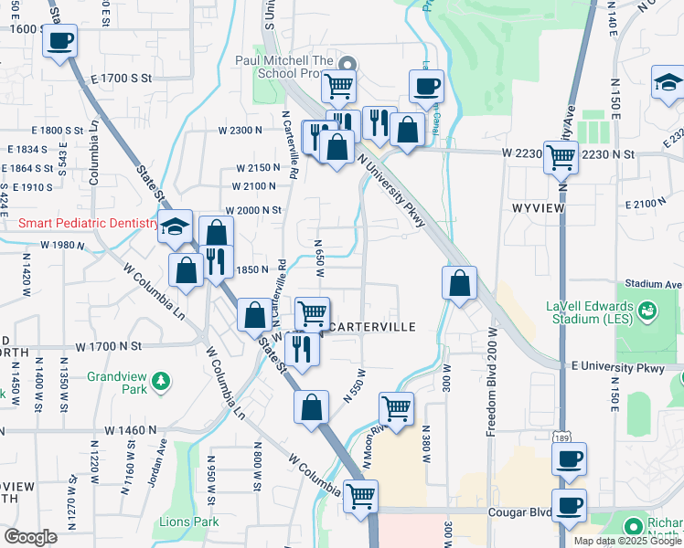 map of restaurants, bars, coffee shops, grocery stores, and more near 567 West 1800 North in Provo
