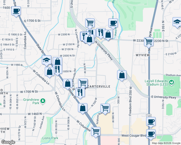 map of restaurants, bars, coffee shops, grocery stores, and more near 567 West 1800 North in Provo