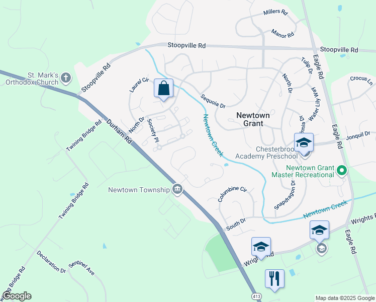 map of restaurants, bars, coffee shops, grocery stores, and more near 93 Rittenhouse Circle in Newtown