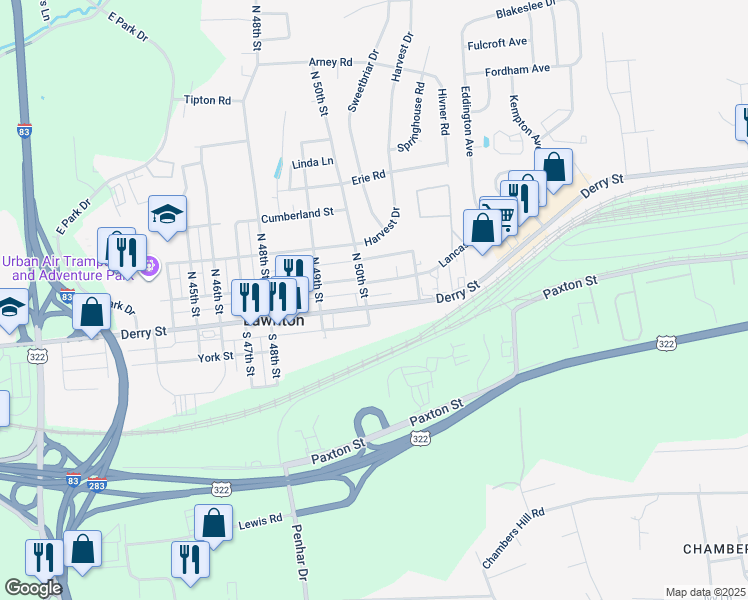 map of restaurants, bars, coffee shops, grocery stores, and more near 4925 Derry Street in Harrisburg