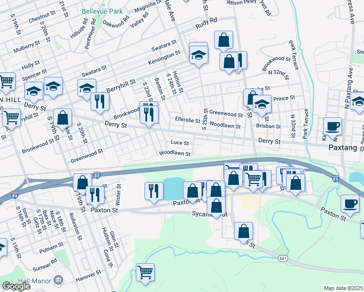 map of restaurants, bars, coffee shops, grocery stores, and more near 2351 Luce Street in Harrisburg