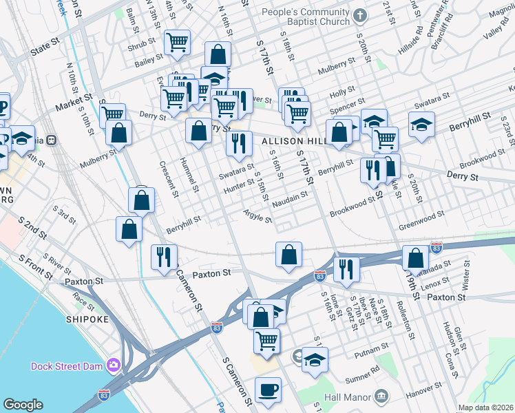 map of restaurants, bars, coffee shops, grocery stores, and more near 42 Argyle Street in Harrisburg